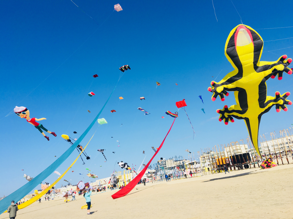 Festival internazionale dell’aquilone sulla spiaggia vicino a Cesenatico, aquiloni colorati nel cielo d’aprile, evento per famiglie e bambini.